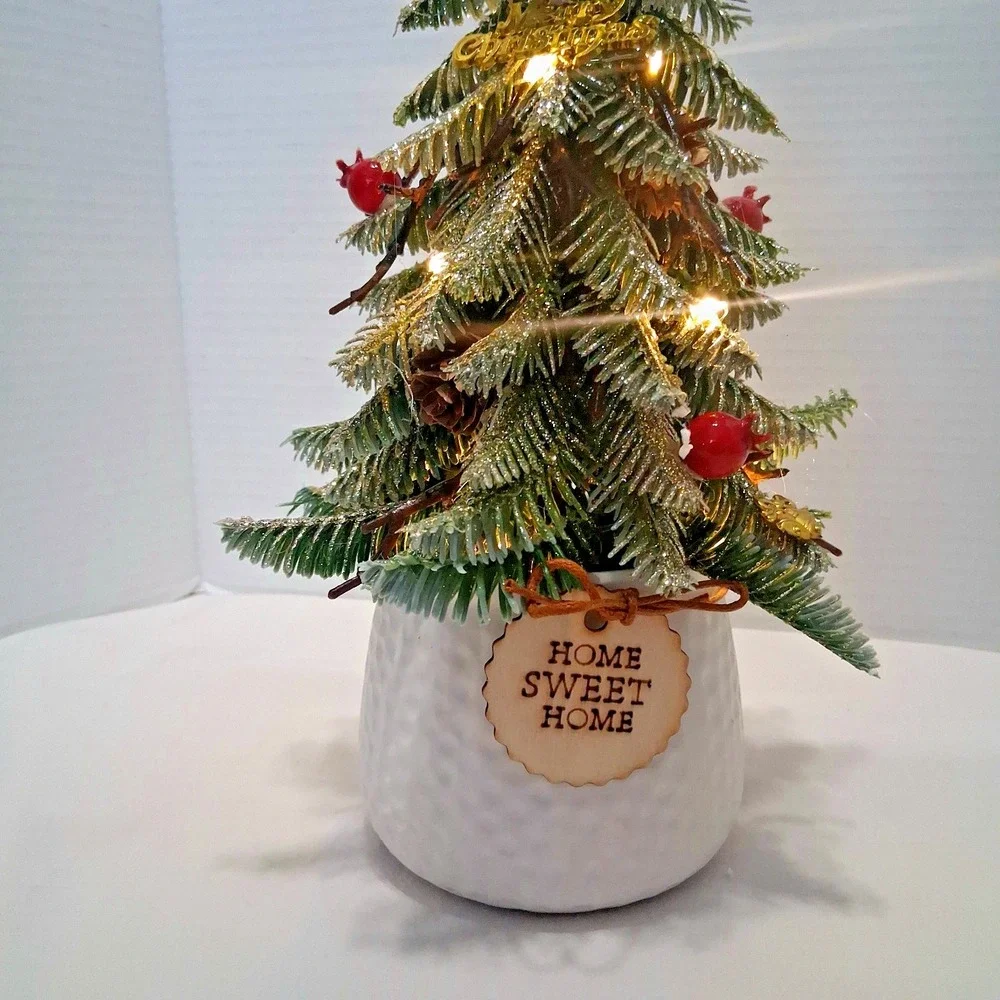 Glittered Christmas‎ Tree in Pot Light Up Bells Star Home Sweet Home Table Top